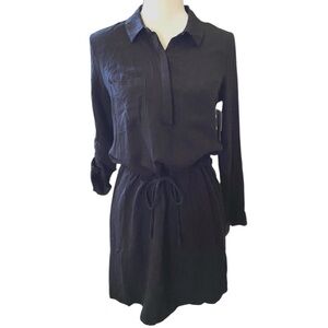 Black Collar Long, Three Quarter Sleeve Drawstring Waist Shirt Dress NWT